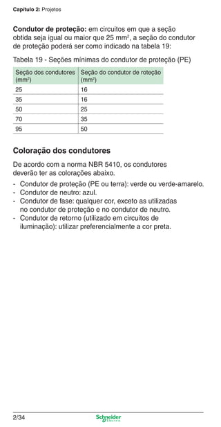 Capítulo 2: Projetos

Condutor de proteção: em circuitos em que a seção
obtida seja igual ou maior que 25 mm2, a seção do condutor
de proteção poderá ser como indicado na tabela 19:
Tabela 19 - Seções mínimas do condutor de proteção (PE)
Seção dos condutores Seção do condutor de roteção
(mm2)
(mm2)
25

16

35

16

50

25

70

35

95

50

Coloração dos condutores
De acordo com a norma NBR 5410, os condutores
deverão ter as colorações abaixo.
- Condutor de proteção (PE ou terra): verde ou verde-amarelo.
- Condutor de neutro: azul.
- Condutor de fase: qualquer cor, exceto as utilizadas
no condutor de proteção e no condutor de neutro.
- Condutor de retorno (utilizado em circuitos de
iluminação): utilizar preferencialmente a cor preta.

2/34

2_Projetos.indd 2/34

9/19/08 11:15:28 AM

 
