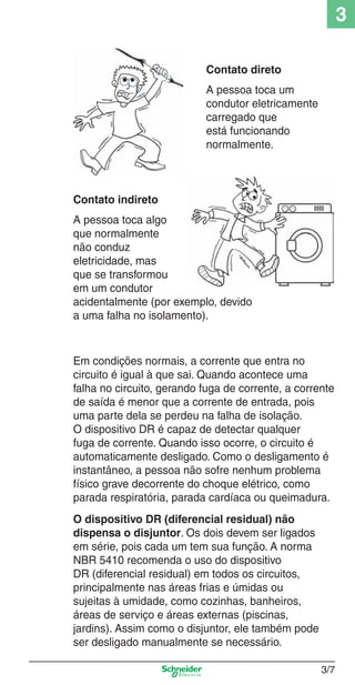 3_Disp. protec a o.indd 3/7

3
Contato direto
A pessoa toca um
condutor eletricamente
carregado que
está funcionando
normalmente.

Contato indireto
A pessoa toca algo
que normalmente
não conduz
eletricidade, mas
que se transformou
em um condutor
acidentalmente (por exemplo, devido
a uma falha no isolamento).

Em condições normais, a corrente que entra no
circuito é igual à que sai. Quando acontece uma
falha no circuito, gerando fuga de corrente, a corrente
de saída é menor que a corrente de entrada, pois
uma parte dela se perdeu na falha de isolação.
O dispositivo DR é capaz de detectar qualquer
fuga de corrente. Quando isso ocorre, o circuito é
automaticamente desligado. Como o desligamento é
instantâneo, a pessoa não sofre nenhum problema
físico grave decorrente do choque elétrico, como
parada respiratória, parada cardíaca ou queimadura.
O dispositivo DR (diferencial residual) não
dispensa o disjuntor. Os dois devem ser ligados
em série, pois cada um tem sua função. A norma
NBR 5410 recomenda o uso do dispositivo
DR (diferencial residual) em todos os circuitos,
principalmente nas áreas frias e úmidas ou
sujeitas à umidade, como cozinhas, banheiros,
áreas de serviço e áreas externas (piscinas,
jardins). Assim como o disjuntor, ele também pode
ser desligado manualmente se necessário.
3/7

9/19/08 11:23:15 AM

 