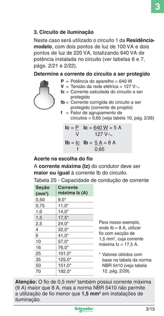 3
3. Circuito de iluminação
Neste caso será utilizado o circuito 1 da Residênciamodelo, com dois pontos de luz de 100 VA e dois
pontos de luz de 220 VA, totalizando 640 VA de
potência instalada no circuito (ver tabelas 6 e 7,
págs. 2/21 e 2/22).
Determine a corrente do circuito a ser protegido
P = Potência do aparelho = 640 W
V = Tensão da rede elétrica = 127 Va
Ic = Corrente calculada do circuito a ser
protegido
Ib = Corrente corrigida do circuito a ser
protegido (corrente de projeto)
f = Fator de agrupamento de
circuitos = 0,65 (veja tabela 10, pág. 2/26)

Ic = P Ic = 640 W = 5 A
V
127 Va
Ib = Ic Ib = 5 A = 8 A
f
0,65
Acerte na escolha do ﬁo
A corrente máxima (Iz) do condutor deve ser
maior ou igual à corrente Ib do circuito.
Tabela 25 - Capacidade de condução de corrente
Seção
(mm2)
0,50
0,75
1,0
1,5
2,5
4
6
10
16
25
35
50
70

Corrente
máxima Iz (A)
9,0*
11,0*
14,0*
17,5*
24,0*
32,0*
41,0*
57,0*
76,0*
101,0*
125,0*
151,0*
192,0*

Para nosso exemplo,
onde Ib = 8 A, utilizar
ﬁo com secção de
1,5 mm2, cuja corrente
máxima Iz = 17,5 A.
* Valores obtidos com
base na tabela da norma
NBR 5410 (veja tabela
12, pág. 2/29).

Atenção: O fio de 0,5 mm2 também possui corrente máxima
(9 A) maior que 8 A, mas a norma NBR 5410 não permite
a utilização de fio menor que 1,5 mm2 em instalações de
iluminação.

3_Disp. protec a o.indd 3/15

3/15

9/19/08 11:23:20 AM

 