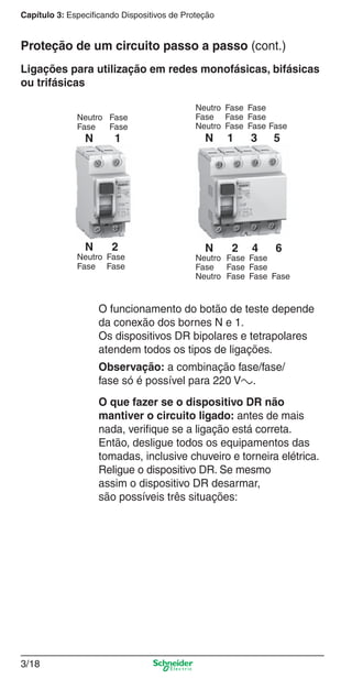 Capítulo 3: Especificando Dispositivos de Proteção

Proteção de um circuito passo a passo (cont.)
Ligações para utilização em redes monofásicas, bifásicas
ou trifásicas
Neutro Fase
Fase
Fase

N

1

N

2

Neutro Fase
Fase Fase

Neutro Fase Fase
Fase Fase Fase
Neutro Fase Fase Fase

N

N

1

2

3

5

4

6

Neutro Fase Fase
Fase Fase Fase
Neutro Fase Fase Fase

O funcionamento do botão de teste depende
da conexão dos bornes N e 1.
Os dispositivos DR bipolares e tetrapolares
atendem todos os tipos de ligações.
Observação: a combinação fase/fase/
fase só é possível para 220 Va.
O que fazer se o dispositivo DR não
mantiver o circuito ligado: antes de mais
nada, veriﬁque se a ligação está correta.
Então, desligue todos os equipamentos das
tomadas, inclusive chuveiro e torneira elétrica.
Religue o dispositivo DR. Se mesmo
assim o dispositivo DR desarmar,
são possíveis três situações:

3/18

3_Disp. protec a o.indd 3/18

9/19/08 11:23:21 AM

 