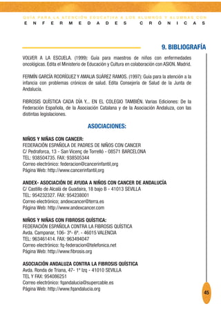 G U Í A PA R A L A AT E N C I Ó N E D U C AT I VA A L O S A L U M N O S Y A L U M N A S C O N
E    N    F    E   R    M    E    D    A    D    E   S        C    R    Ó    N    I   C      A   S




                                                                            9. BIBLIOGRAFÍA
VOLVER A LA ESCUELA. (1999): Guía para maestros de niños con enfermedades
oncológicas. Edita el Ministerio de Educación y Cultura en colaboración con ASION. Madrid.

FERMÍN GARCÍA RODRÍGUEZ Y AMALIA SUÁREZ RAMOS. (1997): Guía para la atención a la
infancia con problemas crónicos de salud. Edita Consejería de Salud de la Junta de
Andalucía.

FIBROSIS QUÍSTICA CADA DÍA Y... EN EL COLEGIO TAMBIÉN. Varias Ediciones: De la
Federación Española, de la Asociación Catalana y de la Asociación Andaluza, con las
distintas legislaciones.

                                  ASOCIACIONES:

NIÑOS Y NIÑAS CON CANCER:
FEDERACIÓN ESPAÑOLA DE PADRES DE NIÑOS CON CANCER
C/ Pedraforca, 13 - San Vicenç de Torrelló - 08571 BARCELONA
TEL: 938504735. FAX: 938505344
Correo electrónico: federacion@cancerinfantil,org
Página Web: http://www.cancerinfantil,org

ANDEX- ASOCIACIÓN DE AYUDA A NIÑOS CON CANCER DE ANDALUCÍA
C/ Castillo de Alcalá de Guadaira, 18 bajo B - 41013 SEVILLA
TEL: 954232327. FAX: 954238001
Correo electrónico; andexcancer@terra.es
Página Web: http://www.andexcancer.com

NIÑOS Y NIÑAS CON FIBROSIS QUÍSTICA:
FEDERACIÓN ESPAÑOLA CONTRA LA FIBROSIS QUÍSTICA
Avda. Campanar, 106- 3º- 6ª. - 46015 VALENCIA
TEL: 963461414. FAX: 963494047
Correo electrónico: fq-federacion@telefonica.net
Página Web: http://www.fibrosis.org

ASOCIACIÓN ANDALUZA CONTRA LA FIBROSIS QUÍSTICA
Avda. Ronda de Triana, 47- 1º Izq - 41010 SEVILLA
TEL Y FAX: 954086251
Correo electrónico: fqandalucia@supercable.es
Página Web: http://www.fqandalucia.org
                                                                                                 45
 