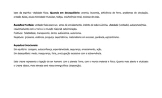 base da espinha; vitalidade física. Quando em desequilíbrio: anemia, leucemia, deficiência de ferro, problemas de circulação,
pressão baixa, pouca tonicidade muscular, fadiga, insuficiência renal, excesso de peso.
Aspectos Mentais: vontade física para ser, senso de enraizamento, instinto de sobrevivência, vitalidade (vontade), autoconsciência,
relacionamento com a Terra e o mundo material, determinação.
Positivos: Estabilidade, transparente, direto, autoestima, autonomia.
Negativos: grosseria, violência, preguiça, dependência, materialismo em excesso, ganância, egocentrismo.
Aspectos Emocionais:
Em equilíbrio: coragem, autoconfiança, espontaneidade, segurança, enraizamento, ação.
Em desequilíbrio: medo, insegurança, fúria, preocupação excessiva com a sobrevivência.
Este chacra representa a ligação do ser humano com o planeta Terra, com o mundo material e físico. Quanto mais aberto e vitalizado
o chacra básico, mais elevada será nossa energia física (disposição).
 