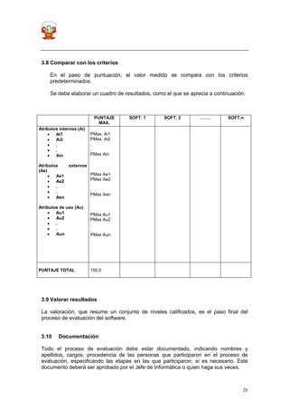 26
3.8 Comparar con los criterios
En el paso de puntuación, el valor medido se compara con los criterios
predeterminados.
Se debe elaborar un cuadro de resultados, como el que se aprecia a continuación.
PUNTAJE
MAX.
SOFT. 1 SOFT. 2 ……. SOFT.n
Atributos internos (Ai)
• Ai1
• Ai2
• .
• .
• Ain
Atributos externos
(Ae)
• Ae1
• Ae2
• .
• .
• Aen
Atributos de uso (Au)
• Au1
• Au2
• .
• .
• Aun
PMax. Ai1
PMax. Ai2
.
.
PMax Ain
PMax Ae1
PMax Ae2
.
.
PMax Aen
PMax Au1
PMax Au2
.
.
PMax Aun
PUNTAJE TOTAL 100.0
3.9 Valorar resultados
La valoración, que resume un conjunto de niveles calificados, es el paso final del
proceso de evaluación del software.
3.10 Documentación
Todo el proceso de evaluación debe estar documentado, indicando nombres y
apellidos, cargos, procedencia de las personas que participaron en el proceso de
evaluación, especificando las etapas en las que participaron, si es necesario. Este
documento deberá ser aprobado por el Jefe de Informática o quien haga sus veces.
 