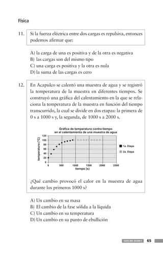 Física
11. Si la fuerza eléctrica entre dos cargas es repulsiva, entonces
podemos afirmar que:
A) la carga de una es positiva y de la otra es negativa
B) las cargas son del mismo tipo
C) una carga es positiva y la otra es nula
D) la suma de las cargas es cero
12. En Acapulco se calentó una muestra de agua y se registró
la temperatura de la muestra en diferentes tiempos. Se
construyó una gráfica del calentamiento en la que se rela-
ciona la temperatura de la muestra en función del tiempo
transcurrido, la cual se divide en dos etapas: la primera de
0 s a 1000 s y, la segunda, de 1000 s a 2000 s.
¿Qué cambio provocó el calor en la muestra de agua
durante los primeros 1000 s?
A) Un cambio en su masa
B) El cambio de la fase sólida a la líquida
C) Un cambio en su temperatura
D) Un cambio en su punto de ebullición
GUÍA DEL EXANI-I 65
 
