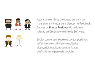 Agora, os membros da equipe pensam por
mais alguns minutos para elencar no Feedback
Canvas os Pontos Positivos do João em
relação ao Desenvolvimento de Software.
Então, conversam sobre os pontos positivos,
enfatizando os principais resultados
alcançados e as boas características
profissionais e pessoais do João.
 