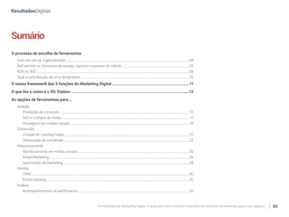Ferramentas de Marketing Digital: O guia para você conhecer e escolher as melhores ferramentas para o seu negócio 03
Sumário
O processo de escolha de ferramentas
Tudo em um vs. Especializada ...............................................................................................................................................04
Self service vs. Estrutura de vendas, suporte e sucesso do cliente ..............................................................................07
B2B vs. B2C ................................................................................................................................................................................09
Qual a contribuição de uma ferramenta ..............................................................................................................................10
O nosso framework das 5 funções do Marketing Digital..................................................................11
O que faz e como é o RD Station .....................................................................................................13
As opções de ferramentas para...
Atração
Produção de conteúdo ......................................................................................................................................................15
SEO e Compra de mídia..................................................................................................................................................... 17
Postagens em mídias sociais..........................................................................................................................................19
Conversão
Criação de Landing Pages................................................................................................................................................ 21
Otimização da conversão .................................................................................................................................................23
Relacionamento
Monitoramento em mídias sociais .................................................................................................................................25
Email Marketing ..................................................................................................................................................................26
Automação de Marketing..................................................................................................................................................28
Vendas
CRM.......................................................................................................................................................................................30
Email tracking......................................................................................................................................................................31
Análise
Acompanhamento de perfomance.................................................................................................................................32
 