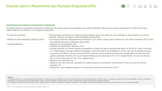 Imposto sobre o Rendimento das Pessoas Singulares (IRS)
20© 2016. Para informações, contacte Deloitte & Associados, SROC S.A.
Determinação dos rendimentos empresariais e profissionais
Na determinação dos rendimentos empresariais e profissionais dos sujeitos passivos não abrangidos pelo regime simplificado, seguir-se-ão as regras estabelecidas no Código do IRC para
determinação do lucro tributável, com as seguintes adaptações:
Encargos não dedutíveis • Remunerações dos titulares de rendimentos desta categoria, assim como ajudas de custo, utilização de viatura própria ao serviço da
atividade, subsídios de refeição e outras prestações remuneratórias.
Afetação de imóvel destinado à habitação própria • Os encargos dedutíveis, designadamente amortizações, juros, rendas, energia, água e telefone fixo, não podem ultrapassar 25% do total
das respetivas despesas devidamente comprovadas.
Tributação autónoma • Despesas não documentadas: 50%;
• Despesas de representação dedutíveis: 10%;
• Encargos dedutíveis com viaturas ligeiras de passageiros ou mistas cujo custo de aquisição seja inferior a € 20.000,00, motos e motociclos:
10%. Relativamente a encargos dedutíveis respeitantes a automóveis ligeiros de passageiros ou mistos, cujo custo de aquisição seja igual
ou superior a € 20.000,00, aplica-se uma taxa de 20% (exceto as viaturas movidas exclusivamente a energia elétrica, as quais não estão
sujeitas a tributação autónoma). No caso de viaturas híbridas plug-in as taxas são de 5% e 10%, respetivamente; e no caso de viaturas a
GPL ou GNV as taxas são de 7,5% e 15%, respetivamente;
• Ajudas de custo dedutíveis: 5%; (1)
• Ajudas de custo não dedutíveis, suportadas por sujeitos passivos que apresentem prejuízo fiscal no exercício a que as mesmas
respeitam: 5%;
• Pagamentos a não residentes sujeitos a um regime fiscal claramente mais favorável: 35%.(2)
NOTAS:
(1) As ajudas de custo e a compensação pela deslocação em viatura própria do trabalhador quando não exista mapa de controlo das deslocações no primeiro caso e, no segundo, quando não existir a identificação da viatura, do respetivo
proprietário e do número de quilómetros percorridos, exceto se houver tributação em sede de IRS na esfera do beneficiário, não são considerados encargos dedutíveis.
(2) A tributação autónoma pode ser afastada, caso o sujeito passivo prove que os encargos em questão correspondem a operações efetivamente realizadas e não têm um carácter anormal ou um montante exagerado.
 