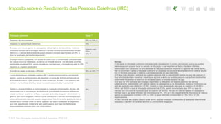 Imposto sobre o Rendimento das Pessoas Coletivas (IRC)
34© 2016. Para informações, contacte Deloitte & Associados, SROC S.A.
Tributação autónoma Taxas (1)
Despesas não documentadas 50% ou 70% (2)
Despesas de representação dedutíveis 10%
Encargos com viaturas ligeiras de passageiros, viaturas ligeiras de mercadorias, motos ou
motociclos (excluem-se os encargos relativos a veículos movidos exclusivamente a energia
elétrica ou a viaturas relativamente às quais a respetiva utilização seja tributada em IRS, a
título de rendimento de trabalho dependente)
Variável entre
5% e
35% (3)
Encargos relativos a despesas com ajudas de custo e com a compensação pela deslocação
em viatura própria do trabalhador, ao serviço da entidade patronal, não faturadas a clientes,
escrituradas a qualquer título, exceto na parte em que haja lugar a tributação em sede de IRS
na esfera do respetivo beneficiário
5%
Importâncias pagas ou devidas a offshores 35% ou 55% (2)(4)
Lucros distribuídospor entidades sujeitas a IRC a sujeitos passivos total ou parcialmente
isentos, quando as partes sociaisa que respeitam os lucros não tenham permanecido na
titularidade do mesmo sujeito passivo, de modo ininterrupto, durante o ano anterior e não
venham a ser mantidas durante o tempo necessário para completar esse período
23%
Gastos ou encargos relativos a indemnizações ou quaisquer compensações devidas, não
relacionadas com a concretização de objetivos de produtividade previamente definidos na
relação contratual, quando se verifique a cessação de funções de gestor, administrador ou
gerente, bem como os gastos relativos à parte que exceda o valordas remunerações que
seriam auferidas pelo exercício daqueles cargos até ao final do contrato, quando se trate de
rescisão de um contrato antes do termo, qualquer que seja a modalidade de pagamento,
quer este seja efetuado diretamente pelo sujeito passivo, quer haja transferência das
responsabilidades inerentes para uma outra entidade
35%
cont.
>
NOTAS:
(1) As taxas de tributação autónoma indicadas serão elevadas em 10 pontos percentuais quando os sujeitos
passivos apurem prejuízo fiscal no período de tributação a que respeitem os factos tributários referidos
relacionados com o exercício de uma atividade de natureza comercial, industrial ou agrícola não isenta de IRC.
Não se encontram sujeitas a tributação autónoma as despesas ou encargos de estabelecimento estável situado
fora do território português e relativos à atividade exercida por seu intermédio.
(2) A taxa mais elevada é aplicável aos sujeitos passivos total ou parcialmente isentos, ou que não exerçam a
título principal atividade comercial, industrial ou agrícola e ainda por sujeitos passivos que aufiram rendimentos
diretamente resultantes do exercício de atividade sujeita ao imposto especial de jogo.
(3) A taxa de 10% aplica-se aos encargos suportados ou efetuados por sujeitos passivos não isentos
subjetivamente, relacionados com viaturas ligeiras de passageiros ou de mercadorias, motos ou motociclos cujo
valor de aquisição seja inferior a € 25.000. Quando o custo de aquisição seja igual ou superior a € 25.000 e
inferior a € 35.000 a taxa de tributação autónoma é de 27,5%, sendo incrementada para 35% no caso de
viaturas com um custo de aquisição igual ou superior a € 35.000. No caso de viaturas ligeiras de passageiros
híbridas plug-in, as taxas referidas são reduzidas para 5%, 10% e 17,5%, respetivamente. Nos casos de viaturas
ligeiras de passageiros movidas a GPL ou GNV as taxas referidas correspondem a 7,5%,15% e 27,5%
respetivamente.
(4) Não aplicável se o sujeito passivo puder provar que tais encargos correspondem a operações efetivamente
realizadas e não têm um carácter anormal ou um montante exagerado.
 