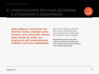 //o funil de vendas na prática
21
5 | Aperfeiçoando seu Funil de Vendas
e otimizando o desempenho
Mas você perceberá que ainda há
itens a serem melhorados, para
que mais potenciais clientes sejam
convertidos em clientes efetivos!
Mostraremos como você pode
refinar seu Funil de Vendas, para
tirar mais proveito de seu processo
e ter maiores resultados.
Após elaborar e estruturar seu
Funil de Vendas, entender como
conduzir seus potenciais clientes
pelas etapas da venda, sua
empresa já está preparada para
trabalhar com essa metodologia.
 