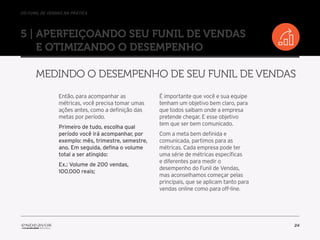 //o funil de vendas na prática
24
5 | Aperfeiçoando seu Funil de Vendas
e otimizando o desempenho
Medindo o desempenho de seu Funil de Vendas
Então, para acompanhar as
métricas, você precisa tomar umas
ações antes, como a definição das
metas por período.
Primeiro de tudo, escolha qual
período você irá acompanhar, por
exemplo: mês, trimestre, semestre,
ano. Em seguida, defina o volume
total a ser atingido:
Ex.: Volume de 200 vendas,
100.000 reais;
É importante que você e sua equipe
tenham um objetivo bem claro, para
que todos saibam onde a empresa
pretende chegar. E esse objetivo
tem que ser bem comunicado.
Com a meta bem definida e
comunicada, partimos para as
métricas. Cada empresa pode ter
uma série de métricas específicas
e diferentes para medir o
desempenho do Funil de Vendas,
mas aconselhamos começar pelas
principais, que se aplicam tanto para
vendas online como para off-line.
 