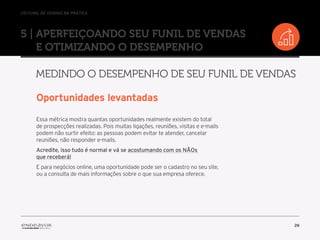 //o funil de vendas na prática
26
5 | Aperfeiçoando seu Funil de Vendas
e otimizando o desempenho
Medindo o desempenho de seu Funil de Vendas
Oportunidades levantadas
Essa métrica mostra quantas oportunidades realmente existem do total
de prospecções realizadas. Pois muitas ligações, reuniões, visitas e e-mails
podem não surtir efeito: as pessoas podem evitar te atender, cancelar
reuniões, não responder e-mails.
Acredite, isso tudo é normal e vá se acostumando com os NÃOs
que receberá!
E para negócios online, uma oportunidade pode ser o cadastro no seu site,
ou a consulta de mais informações sobre o que sua empresa oferece.
 