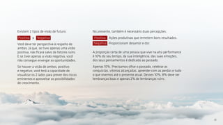 Existem 2 tipos de visão de futuro:
Positiva Negativa
Você deve ter perspectiva à respeito de
ambas. Já que, se tiver apenas uma visão
positiva, não ficará salvo de fatores ruins.
E se tiver apenas a visão negativa, você
não consegue enxergar as oportunidades.
Se houver a visão de ambos, positivo
e negativo, você terá a capacidade de
visualizar os 2 lados para prever dos riscos
eminentes e aproveitar as possibilidades
de crescimento.
No presente, também é necessário duas percepções:
Positiva Ações produtivas que remetem bons resultados.
Negativa Proporcionam desamor e dor.
A proporção certa de uma pessoa que vive na alta performance
é 10% do seu tempo, da sua inteligência, das suas emoções,
dos seus pensamentos é dedicado ao passado.
Apenas 10%. Precisamos olhar o passado, celebrar as
conquistas, vitórias alcançadas, aprender com as perdas e tudo
o que vivemos até o presente atual. Desses 10%, 8% deve ser
lembranças boas e apenas 2% de lembranças ruins.
x
12
 
