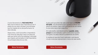 Baixar ferramenta Baixar ferramenta
E para você que ainda não sabe como fazer um PLANO
DE AÇÃO, uma ferramenta que o ajudará a colocar seus
planos em prática, tudo o que você precisa ter em mente
é uma meta clara e bem específica.
Em cada tarefa, você deverá pontuar quando, como,
porque ela será realizada, quem a executará e quanto
será gasto. As setas indicam o andamento da tarefa.
À medida em que elas forem realizadas, você deverá
circular a seta que representará o status de cada tarefa.
A outra ferramenta é o FOCO MÚLTIPLO.
Nela você irá elencar duas importâncias em 11
pilares da sua vida e irá expor uma distração
que lhe impede de ter alta performance na
área indicada.
Depois disso, você irá escolher a importância
mais forte de cada pilar e tecer um plano de
ação que tenha como foco eliminar a distração
que impede você de dedicar a real importância
nas principais áreas da sua vida.
15
 