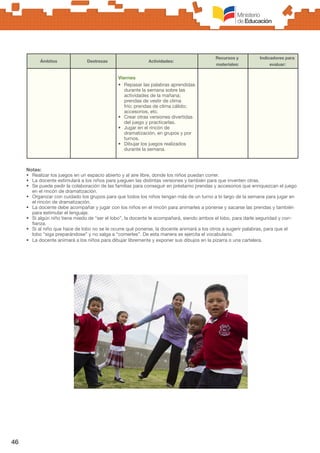 46
Ámbitos Destrezas Actividades:
Recursos y
materiales:
Indicadores para
evaluar:
Viernes
•	 Repasar las palabras aprendidas
durante la semana sobre las
actividades de la mañana;
prendas de vestir de clima
frío; prendas de clima cálido;
accesorios, etc.
•	 Crear otras versiones divertidas
del juego y practicarlas.
•	 Jugar en el rincón de
dramatización, en grupos y por
turnos.
•	 Dibujar los juegos realizados
durante la semana.
Notas:
•	 Realizar los juegos en un espacio abierto y al aire libre, donde los niños puedan correr.
•	 La docente estimulará a los niños para jueguen las distintas versiones y también para que inventen otras.
•	 Se puede pedir la colaboración de las familias para conseguir en préstamo prendas y accesorios que enriquezcan el juego
en el rincón de dramatización.
•	 Organizar con cuidado los grupos para que todos los niños tengan más de un turno a lo largo de la semana para jugar en
el rincón de dramatización.
•	 La docente debe acompañar y jugar con los niños en el rincón para animarles a ponerse y sacarse las prendas y también
para estimular el lenguaje.
•	 Si algún niño tiene miedo de “ser el lobo”, la docente le acompañará, siendo ambos el lobo, para darle seguridad y con-
fianza.
•	 Si al niño que hace de lobo no se le ocurre qué ponerse, la docente animará a los otros a sugerir palabras, para que el
lobo “siga preparándose” y no salga a “comerles”. De esta manera se ejercita el vocabulario.
•	 La docente animará a los niños para dibujar libremente y exponer sus dibujos en la pizarra o una cartelera.
 