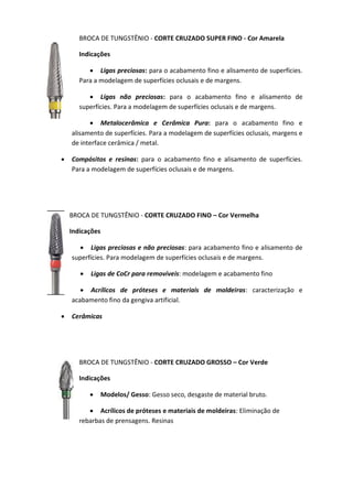 BROCA DE TUNGSTÊNIO - CORTE CRUZADO SUPER FINO - Cor Amarela
Indicações
 Ligas preciosas: para o acabamento fino e alisamento de superfícies.
Para a modelagem de superfícies oclusais e de margens.
 Ligas não preciosas: para o acabamento fino e alisamento de
superfícies. Para a modelagem de superfícies oclusais e de margens.
 Metalocerâmica e Cerâmica Pura: para o acabamento fino e
alisamento de superfícies. Para a modelagem de superfícies oclusais, margens e
de interface cerâmica / metal.
 Compósitos e resinas: para o acabamento fino e alisamento de superfícies.
Para a modelagem de superfícies oclusais e de margens.
BROCA DE TUNGSTÊNIO - CORTE CRUZADO FINO – Cor Vermelha
Indicações
 Ligas preciosas e não preciosas: para acabamento fino e alisamento de
superfícies. Para modelagem de superfícies oclusais e de margens.
 Ligas de CoCr para removíveis: modelagem e acabamento fino
 Acrílicos de próteses e materiais de moldeiras: caracterização e
acabamento fino da gengiva artificial.
 Cerâmicas
BROCA DE TUNGSTÊNIO - CORTE CRUZADO GROSSO – Cor Verde
Indicações
 Modelos/ Gesso: Gesso seco, desgaste de material bruto.
 Acrílicos de próteses e materiais de moldeiras: Eliminação de
rebarbas de prensagens. Resinas
 