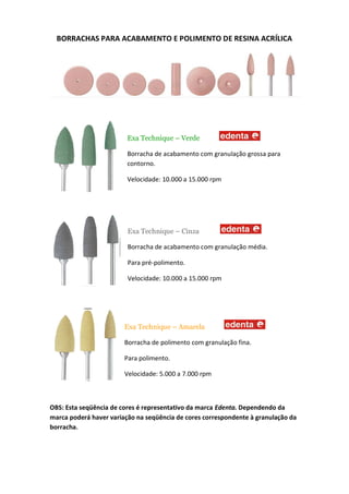 BORRACHAS PARA ACABAMENTO E POLIMENTO DE RESINA ACRÍLICA
OBS: Esta seqüência de cores é representativo da marca Edenta. Dependendo da
marca poderá haver variação na seqüência de cores correspondente à granulação da
borracha.
Exa Technique – Verde
Borracha de acabamento com granulação grossa para
contorno.
Velocidade: 10.000 a 15.000 rpm
Exa Technique – Cinza
Borracha de acabamento com granulação média.
Para pré-polimento.
Velocidade: 10.000 a 15.000 rpm
Exa Technique – Amarela
Borracha de polimento com granulação fina.
Para polimento.
Velocidade: 5.000 a 7.000 rpm
 