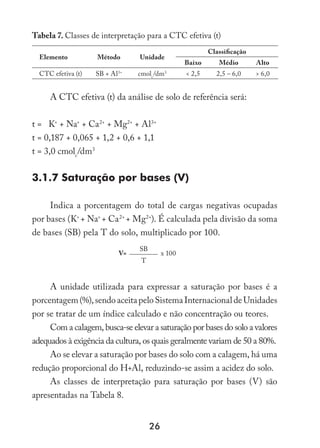 26
Tabela 7. Classes de interpretação para a CTC efetiva (t)
Elemento Método Unidade
Classificação
Baixo Médio Alto
CTC efetiva (t) SB + Al3+
cmolc
/dm3
 2,5 2,5 – 6,0  6,0
A CTC efetiva (t) da análise de solo de referência será:
t = K+
+ Na+
+ Ca2+
+ Mg2+
+ Al3+
t = 0,187 + 0,065 + 1,2 + 0,6 + 1,1
t = 3,0 cmolc
/dm3
3.1.7 Saturação por bases (V)
Indica a porcentagem do total de cargas negativas ocupadas
por bases (K+
+ Na+
+ Ca2+
+ Mg2+
). É calculada pela divisão da soma
de bases (SB) pela T do solo, multiplicado por 100.
V=
SB
x 100
T
A unidade utilizada para expressar a saturação por bases é a
porcentagem(%),sendoaceitapeloSistemaInternacionaldeUnidades
por se tratar de um índice calculado e não concentração ou teores.
Com a calagem, busca-se elevar a saturação por bases do solo a valores
adequados à exigência da cultura, os quais geralmente variam de 50 a 80%.
Ao se elevar a saturação por bases do solo com a calagem, há uma
redução proporcional do H+Al, reduzindo-se assim a acidez do solo.
As classes de interpretação para saturação por bases (V) são
apresentadas na Tabela 8.
 