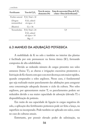 56
Fertilizante Teor de P2
O5
Teor de outros
elementos (%)
Fator de conversão (Dose de P2
O5
x fator = Dose do fertilizante)
Fosfato natural P2
O5
Total = 32 8,5
(Origem
metamórfica)
P2
O5
solúvel
em água = 4
(Reativo) Ca = 36
Termofosfato P2
O5
Total = 24 5,9
P2
O5
solúvel
em água = 14
Mg = 7
6.3 Manejo da adubação potássica
A mobilidade de K no solo e também no interior das plantas
é facilitada por este permanecer na forma iônica (K+
), formando
compostos de alta solubilidade.
	 Devido ao reduzido número de cargas presentes nos solos
arenosos (baixa T), as chuvas e irrigações excessivas promovem a
lixiviaçãodeKefazemcomqueoseuteordecresçacommaiorrapidez,
quando comparados a solos argilosos. Nesse caso, é fundamental
que seja realizado maior parcelamento das adubações para assegurar
uma concentração adequada durante o ciclo da cultura. Nos solos
argilosos, por apresentarem maior T, os parcelamentos podem ser
reduzidos devido a sua maior capacidade de adsorção (elevada T) e
disponibilização de potássio.
Em razão de sua capacidade de ligação às cargas negativas do
solo, a aplicação dos fertilizantes potássicos pode ser feita a lanço, na
superfície ou incorporado. Pode também ser aplicado em sulco, como
no caso de culturas anuais.
Entretanto, por possuir elevado poder de salinização, na
...conclusão
 