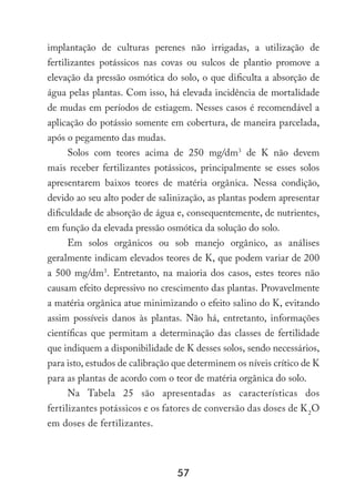 57
implantação de culturas perenes não irrigadas, a utilização de
fertilizantes potássicos nas covas ou sulcos de plantio promove a
elevação da pressão osmótica do solo, o que dificulta a absorção de
água pelas plantas. Com isso, há elevada incidência de mortalidade
de mudas em períodos de estiagem. Nesses casos é recomendável a
aplicação do potássio somente em cobertura, de maneira parcelada,
após o pegamento das mudas.
Solos com teores acima de 250 mg/dm3
de K não devem
mais receber fertilizantes potássicos, principalmente se esses solos
apresentarem baixos teores de matéria orgânica. Nessa condição,
devido ao seu alto poder de salinização, as plantas podem apresentar
dificuldade de absorção de água e, consequentemente, de nutrientes,
em função da elevada pressão osmótica da solução do solo.
Em solos orgânicos ou sob manejo orgânico, as análises
geralmente indicam elevados teores de K, que podem variar de 200
a 500 mg/dm3
. Entretanto, na maioria dos casos, estes teores não
causam efeito depressivo no crescimento das plantas. Provavelmente
a matéria orgânica atue minimizando o efeito salino do K, evitando
assim possíveis danos às plantas. Não há, entretanto, informações
científicas que permitam a determinação das classes de fertilidade
que indiquem a disponibilidade de K desses solos, sendo necessários,
para isto, estudos de calibração que determinem os níveis crítico de K
para as plantas de acordo com o teor de matéria orgânica do solo.
Na Tabela 25 são apresentadas as características dos
fertilizantes potássicos e os fatores de conversão das doses de K2
O
em doses de fertilizantes.
 