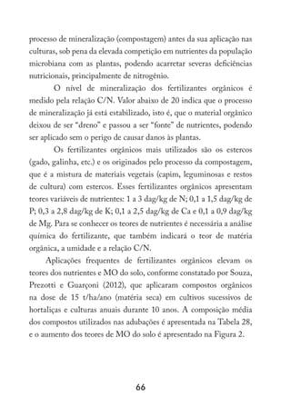 66
processo de mineralização (compostagem) antes da sua aplicação nas
culturas, sob pena da elevada competição em nutrientes da população
microbiana com as plantas, podendo acarretar severas deficiências
nutricionais, principalmente de nitrogênio.
	 O nível de mineralização dos fertilizantes orgânicos é
medido pela relação C/N. Valor abaixo de 20 indica que o processo
de mineralização já está estabilizado, isto é, que o material orgânico
deixou de ser “dreno” e passou a ser “fonte” de nutrientes, podendo
ser aplicado sem o perigo de causar danos às plantas.
	 Os fertilizantes orgânicos mais utilizados são os estercos
(gado, galinha, etc.) e os originados pelo processo da compostagem,
que é a mistura de materiais vegetais (capim, leguminosas e restos
de cultura) com estercos. Esses fertilizantes orgânicos apresentam
teores variáveis de nutrientes: 1 a 3 dag/kg de N; 0,1 a 1,5 dag/kg de
P; 0,3 a 2,8 dag/kg de K; 0,1 a 2,5 dag/kg de Ca e 0,1 a 0,9 dag/kg
de Mg. Para se conhecer os teores de nutrientes é necessária a análise
química do fertilizante, que também indicará o teor de matéria
orgânica, a umidade e a relação C/N.
Aplicações frequentes de fertilizantes orgânicos elevam os
teores dos nutrientes e MO do solo, conforme constatado por Souza,
Prezotti e Guarçoni (2012), que aplicaram compostos orgânicos
na dose de 15 t/ha/ano (matéria seca) em cultivos sucessivos de
hortaliças e culturas anuais durante 10 anos. A composição média
dos compostos utilizados nas adubações é apresentada na Tabela 28,
e o aumento dos teores de MO do solo é apresentado na Figura 2.
 