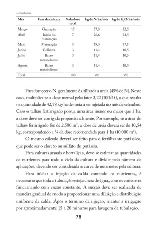 78
Mês Fase da cultura % da dose
total
kg de N/ha/mês kg de K2
O/ha/mês
Março Granação 15 57,0 52,5
Abril Início da
maturação
7 26,6 24,5
Maio Maturação 5 19,0 17,5
Junho Colheita 3 11,4 10,5
Julho Baixo
metabolismo
3 11,4 10,5
Agosto Baixo
metabolismo
3 11,4 10,5
Total 100 380 350
Para fornecer o N, geralmente é utilizada a ureia (45% de N). Neste
caso, multiplica-se a dose mensal pelo fator 2,22 (100/45), o que resulta
na quantidade de 42,18 kg/ha de ureia a ser injetada no mês de setembro.
Caso o talhão fertirrigado possua uma área menor ou maior que 1 ha,
a dose deve ser corrigida proporcionalmente. Por exemplo, se a área do
talhão fertirrigado for de 2.500 m2
, a dose de ureia deverá ser de 10,54
kg, correspondendo a ¼ da dose recomendada para 1 ha (10.000 m2
).
O mesmo cálculo deverá ser feito para o fertilizante potássico,
que pode ser o cloreto ou sulfato de potássio.
Para culturas anuais e hortaliças, deve-se estimar as quantidades
de nutrientes para todo o ciclo da cultura e dividir pelo número de
aplicações, devendo ser considerada a curva de nutrinetes pela cultura.
Para iniciar a injeção da calda contendo os nutrientes, é
necessário que toda a tubulação esteja cheia de água, com os emissores
funcionando com vazão constante. A sucção deve ser realizada de
maneira gradual de modo a proporcionar uma diluição e distribuição
uniforme da calda. Após o término da injeção, manter a irrigação
por aproximadamente 15 a 20 minutos para lavagem da tubulação.
...conclusão
 