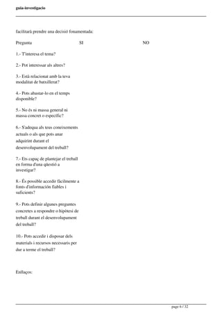 guia-investigacio
facilitarà prendre una decisió fonamentada:
Pregunta SI NO
1.- T'interesa el tema?
2.- Pot interessar als altres?
3.- Està relacionat amb la teva
modalitat de batxillerat?
4.- Pots abastar-lo en el temps
disponible?
5.- No és ni massa general ni
massa concret o específic?
6.- S'adequa als teus coneixements
actuals o als que pots anar
adquirint durant el
desenvolupament del treball?
7.- Ets capaç de plantejar el treball
en forma d'una qüestió a
investigar?
8.- És possible accedir fàcilmente a
fonts d'información fiables i
suficients?
9.- Pots definir algunes preguntes
concretes a respondre o hipòtesi de
treball durant el desenvolupament
del treball?
10.- Pots accedir i disposar dels
materials i recursos necessaris per
dur a terme el treball?
Enllaços:
page 6 / 32
 