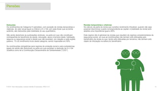 Pensões
13© 2016. Para informações, contacte Deloitte & Associados, SROC S.A.
Deduções
Os rendimentos da Categoria H (pensões), com exceção de rendas temporárias e
vitalícias, de valor anual igual ou inferior a € 4.104, por cada titular que os tenha
auferido, são deduzidos pela totalidade do seu quantitativo.
São ainda dedutíveis as quotizações sindicais, na parte em que não constituam
contrapartida de benefícios de saúde, educação, apoio à terceira idade, habitação,
seguros ou segurança social e desde que não excedam, em relação a cada sujeito
passivo, 1% do rendimento bruto desta categoria, sendo majoradas em 50%.
As contribuições obrigatórias para regimes de proteção social e para subsistemas
legais de saúde são dedutíveis na parte em que excedam a dedução de € 4.104.
Qualifica como tal a Contribuição Extraordinária de Solidariedade (“CES”).
Rendas temporárias e vitalícias
No cálculo da parte da renda que constitui rendimento tributável, quando não seja
possível discriminar a parte correspondente ao capital, à totalidade da renda será
abatida uma importância igual a 85%.
Este regime não é aplicável às rendas que resultem de regimes complementares de
segurança social, em que as contribuições não tenham sido efetuadas pelo
beneficiário da renda ou que, tendo sido efetuadas por terceiros, não tenham sido
objeto de tributação na esfera do beneficiário.
 