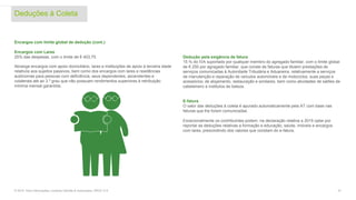 Deduções à Coleta
21© 2016. Para informações, contacte Deloitte & Associados, SROC S.A.
Encargos com limite global de dedução (cont.)
Encargos com Lares
25% das despesas, com o limite de € 403,75.
Abrange encargos com apoio domiciliário, lares e instituições de apoio à terceira idade
relativos aos sujeitos passivos, bem como dos encargos com lares e residências
autónomas para pessoas com deficiência, seus dependentes, ascendentes e
colaterais até ao 3.º grau que não possuam rendimentos superiores à retribuição
mínima mensal garantida.
Dedução pela exigência de fatura
15 % do IVA suportado por qualquer membro do agregado familiar, com o limite global
de € 250 por agregado familiar, que conste de faturas que titulem prestações de
serviços comunicadas à Autoridade Tributária e Aduaneira, relativamente a serviços
de manutenção e reparação de veículos automóveis e de motociclos, suas peças e
acessórios; de alojamento, restauração e similares, bem como atividades de salões de
cabeleireiro e institutos de beleza.
E-fatura
O valor das deduções à coleta é apurado automaticamente pela AT com base nas
faturas que lhe forem comunicadas.
Excecionalmente os contribuintes podem, na declaração relativa a 2015 optar por
reportar as deduções relativas a formação e educação, saúde, imóveis e encargos
com lares, prescindindo dos valores que constam do e-fatura.
 