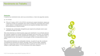 Deduções
É dedutível ao rendimento bruto, até à sua concorrência, o maior dos seguintes valores:
a) € 4.104,00;
b) 75% de 12 vezes o IAS (1) (€ 4.275,00, nos termos do regime transitório), desde que
a diferença resulte de quotizações para ordens profissionais suportadas pelo próprio
sujeito passivo e indispensáveis ao exercício da respetiva atividade desenvolvida
exclusivamente por conta de outrem;
c) Totalidade das contribuições obrigatórias para regimes de proteção social e para
subsistemas legais de saúde.
São ainda dedutíveis as indemnizações pagas pelo trabalhador à sua entidade patronal
por rescisão unilateral do contrato individual de trabalho sem aviso prévio, em resultado
de sentença judicial ou de acordo judicialmente homologado ou, nos restantes casos, a
indemnização de valor não superior à remuneração de base correspondente ao aviso
prévio.
São igualmente dedutíveis as quotizações sindicais, na parte em que não constituam
contrapartida de benefícios de saúde, educação, apoio à terceira idade, habitação,
seguros ou segurança social, acrescidos de 50% na parte em que não exceda, em
relação a cada sujeito passivo, 1% do rendimento bruto desta categoria.
Rendimento do Trabalho
© 2016. Para informações, contacte Deloitte & Associados, SROC S.A. 5
 