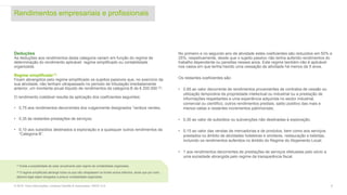 Rendimentos empresariais e profissionais
6© 2016. Para informações, contacte Deloitte & Associados, SROC S.A.
Deduções
As deduções aos rendimentos desta categoria variam em função do regime de
determinação do rendimento aplicável: regime simplificado ou contabilidade
organizada.
Regime simplificado (1)
Ficam abrangidos pelo regime simplificado os sujeitos passivos que, no exercício da
sua atividade, não tenham ultrapassado no período de tributação imediatamente
anterior, um montante anual ilíquido de rendimentos da categoria B de € 200.000 (2).
O rendimento coletável resulta da aplicação dos coeficientes seguintes:
• 0,75 aos rendimentos decorrentes dos vulgarmente designados “recibos verdes;
• 0,35 às restantes prestações de serviços;
• 0,10 aos subsídios destinados à exploração e a quaisquer outros rendimentos da
“Categoria B”.
No primeiro e no segundo ano de atividade estes coeficientes são reduzidos em 50% e
25%, respetivamente, desde que o sujeito passivo não tenha auferido rendimentos do
trabalho dependente ou pensões nesses anos. Este regime também não é aplicável
nos casos em que tenha havido uma cessação de atividade há menos de 5 anos.
Os restantes coeficientes são:
• 0,95 ao valor decorrente de rendimentos provenientes de contratos de cessão ou
utilização temporária da propriedade intelectual ou industrial ou a prestação de
informações respeitantes a uma experiência adquirida no sector industrial,
comercial ou científico, outros rendimentos prediais, saldo positivo das mais e
menos-valias e restantes incrementos patrimoniais;
• 0,30 ao valor de subsídios ou subvenções não destinadas à exploração;
• 0,15 ao valor das vendas de mercadorias e de produtos, bem como aos serviços
prestados no âmbito de atividades hoteleiras e similares, restauração e bebidas,
incluindo os rendimentos auferidos no âmbito do Regime do Alojamento Local;
• 1 aos rendimentos decorrentes de prestações de serviços efetuadas pelo sócio a
uma sociedade abrangida pelo regime da transparência fiscal.
(1) Existe a possibilidade de optar anualmente pelo regime da contabilidade organizada.
(2) O regime simplificado abrange todos os que não ultrapassem os limites acima referidos, ainda que por outro
diploma legal sejam obrigados a possuir contabilidade organizada
 