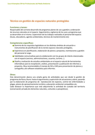 Guía Infoempleo ISM de Profesionales del Medio Ambiente




   Técnico en gestión de espacios naturales protegidos

   Funciones y tareas:
   Responsable del correcto desarrollo de programas planes de uso y gestión y ordenación
   de recursos naturales en el espacio. Seguimiento y vigilancia de los usos y programas que
   se desarrollan en el mismo. Supervisión de los trabajos realizados el personal del espacio:
   (Guías, educadores, agentes ambientales, técnicos de mantenimiento etc)


   Competencias específicas:
        Dominio de los requisitos legislativos en los distintos ámbitos de actuación e
        instrumentos de planificación de la red de espacios naturales protegidos.
        Experiencia en planificación, elaboración de planes y proyectos, tramitaciones y gestión
        del personal al cargo.
        Habilidades comunicativas para la colaboración con los grupos de interés relacionados
        con el espacio (vecinos, administraciones, usuarios, turismo…).
        Diseño y realización de estudios ambientales en el espacio natural de herramientas
        informáticas para la recopilación, análisis, presentación y publicación de informes y
        proyectos. Muy recomendable el manejo de SIG y CAD para presentación de planos y
        cartografía y de software estadístico para informes.


   Otros:
   Esta denominación abarca una amplia gama de actividades que van desde la gestión de
   programas de flora y fauna hasta el seguimiento y supervisión de actuaciones y obras, pasando
   por la elaboración de programas de reproducción de especies, control de enfermedades y
   plagas, planes de aprovechamiento turístico y educación ambiental compatibles etc.
   Cabe destacar la importancia que está adquiriendo la actividad de custodia del territorio
   (conservación privada de elementos naturales, culturales o paisajísticos).




                                                                                                   71
 