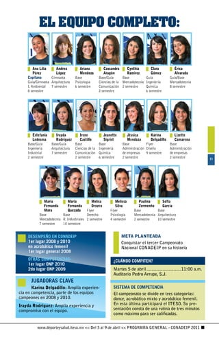 EL EQUIPO COMPLETO:


        Ana Lilia    Andrea         Ariana          Cassandra     Cynthia          Clara         Érica
        Pérez        López          Mendoza         Aragón        Ramírez          Gómez         Alvarado
    Capitana      Gimnasta       Base            Base/Guía      Base            Guía          Guía/Base
    Guía/Gimnasta Arquitectura   Psicología      Ciencias de la Mercadotecnia   Ingeniería    Mercadotecnia
    I. Ambiental 7 semestre      6 semestre      Comunicación 2 semestre        Química       8 semestre
    8 semestre                                   2 semestre                     6 semestre




       Estefanía      Irayda       Irene            Jeanette      Jéssica        Karina          Lizette
       Ledesma        Rodríguez    Castillo         Sigrist       Mendoza        Delgadillo      Camarena
    Base/Guía      Base/Guía    Base             Base          Base           Flyer           Base
    Ingeniería     Arquitectura Ciencias de la   Ingeniería    Administración Diseño          Administración
    Industrial     7 semestre   Comunicación     Química       de empresas    9 semestre      de empresas
    2 semestre                  2 semestre       6 semestre    2 semestre                     2 semestre             11




              María          María          Melisa         Melissa        Paulina       Sofía
              Fernanda       Fernanda       Orozco         Silva          Zermenño      García
              Mora           Quezada     Flyer          Flyer          Base          Base
           Base          Base            Derecho        Psicología     Mercadotecnia Arquitectura
           Mercadotecnia R. Industriales 2 semestre     4 semestre     2 semestre    10 semestre
           7 semestre    10 semestre


    DESEMPEÑO EN CONADEIP                                      META PLANTEADA
    1er lugar 008 y 010                                      Conquistar	el	tercer	Campeonato	
    en acrobático femenil                                      Nacional	CONADEIP	en	su	historia
    1er lugar general 008
    OTRAS COMPETENCIAS:                                   ¿CUÁNDO COMPITEN?
    1er lugar ONP 010
    do lugar ONP 009                                    Martes	5	de	abril	............................11:00	a.m.
                                                          Auditorio	Pedro	Arrupe,	S.J.
      JUGADORAS CLAVE
       Karina Delgadillo:	Amplia	experien-                SISTEMA DE COMPETENCIA
cia	en	competencia,	parte	de	los	equipos	                 El	campeonato	se	divide	en	tres	categorías:	
campeones	en	2008	y	2010.                                 dance,	acrobático	mixto	y	acrobático	femenil.	
Irayda Rodríguez:	Amplia	experiencia	y	                   En	esta	última	participará	el	ITESO.	Su	pre-
compromiso	con	el	equipo.                                 sentación	consta	de	una	rutina	de	tres	minutos	
                                                          como	máximo	para	ser	calificadas.


         www.deporteysalud.iteso.mx  Del 3 al 9 de abril  PROGRAMA GENERAL - CONADEIP 2011
 