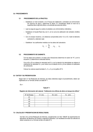 5.0 PROCEDIMIENTO
5.1 PROCEDIMIENTO DE LA PRACTICA
− Establecer un nivel constante en el Tanque de Calibración, controlado con el limnímetro
de columna de agua y determinar la altura ”H” considerado desde el nivel de la
superficie libre al eje del orificio o al centroide del área del orificio.
− Leer la carga de agua (hv) sobre el vertedero con el limnimétrico milimétrico.
− Establecer el Caudal Real (QR) con hv en la curva de calibración del vertedero (Gráfico
Nº 1)
− Con el compás mecánico, a la distancia comprendida entre 1.5 a 3 DT medir el diámetro
contraído Dc (diámetro real)
− Establecer los coeficientes medidos con los datos del Laboratorio:
Cc =
D
D
c
T
, Cg , Cv
5.2 PROCEDIMIENTO DE GABINETE.
Con los datos de la práctica en base a las indicaciones determinar el vaolor de “H” y con la
ecuación (1) determinar la velocidad teórica.
Con el Qr y Dc se obtiene la velocidad real Vr y con la relación de velocidades se obtiene el
coeficiente de velocidad Cv, y así mismo con la relación de Ac y At se obtiene el coeficiente
de contracción.
Colocar los valores experimentales Cv, Cc, y Cg en el gráfico Nº 2.
6.0 DATOS Y SU PRESENTACION
Según ítem 3.7 de Redacción de informes, los datos obtenidos según el procedimiento, deben ser
registrados en un formato similar a la tabla Nº 1.
Do =
Tabla N° 1
Registro de información del Laborat. “Calibración de orificios de aforo en tanque de orificio”
N° de Ensayo H = (m) Dc (cm) HV (cm)
01
02
03
04
05
7.0 CALCULOS Y PRESENTACION DE RESULTADOS.
Ver ítem 3.8 y 3.9 de Redacción de Informes, complementar con ítem “2.0 d” de experimentos de
laboratorio de Mecánica de Fluidos e Ingeniería Hidráulica. Los resultados de todos los cálculos se
deben presentar en un formato similar a la tabla Nº 2.
 