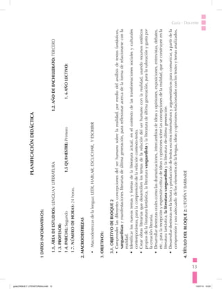 13
Guía · Docente
PLANIFICACIÓNDIDÁCTICA
1DATOSINFORMATIVOS:
1.1.ÁREADEESTUDIOS:LENGUAYLITERATURA			1.2.AÑODEBACHILLERATO:TERCERO
1.3.PROFESOR:
1.4.PARCIAL:Segundo				1.5QUIMESTRE:Primero			1.6AÑOLECTIVO:
1.7.NÚMERODEHORAS:24horas.
2.MACRODESTREZAS
•	Macrodestrezasdelalengua:LEER,HABLAR,ESCUCHAR,YESCRIBIR
3.OBJETIVOS:
3.1.OBJETIVODEBLOQUE2
•	Comprenderlasdiferentesconcepcionesdelserhumanosobrelarealidad,pormediodelanálisisdetextosfantásticos,
vanguardistasymanifestacionesliterariasdeúltimageneración,parareflexionaracercadelaformaderelacionarseconla
realidad.
•	Identificarlosnuevostemasyformasdelaliteraturaactual,enelcontextodelastransformacionessocialesyculturales
contemporáneas,paralacomprensióndelarelacióncontexto-texto.
•	Crearobrasliterariasquedesarrollenlostemasdelarelacióndelserhumanoconlarealidad,usandorecursosestéticos
propiosdelaliteraturafantástica,laliteraturavanguardistaylaliteraturadeúltimageneración,paralavaloraciónygustopor
lacreaciónliteraria.
•	Desarrollardestrezasoralescomolasdramatizaciones,intercambiosdeideasyopiniones,exposiciones,entrevistas,debates,
etc.,paralarecepciónyexpresióncríticadeideasyopinionessobrelasconcepcionesdelarealidad,queseconstruyenenla
literaturafantástica,laliteraturavanguardistaylaliteraturadeúltimageneración.
•	Desarrollardestrezasenlalecturayproduccióndetextosescritosinformativosyargumentativosparacomunicar,apartirdela
comprensiónyusoadecuadodeloselementosdelalengua,ideasyopinionesrelacionadosconlostextosytemasanalizados.
4.TÍTULODELBLOQUE2:UTOPÍAYBARBARIE
guiaLENGUA Y LITERATURA3ro.indd 13 15/07/14 10:03
 