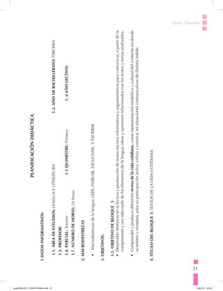 21
Guía · Docente
PLANIFICACIÓNDIDÁCTICA
1DATOSINFORMATIVOS:
1.1.ÁREADEESTUDIOS:LENGUAYLITERATURA			1.2.AÑODEBACHILLERATO:TERCERO
1.3.PROFESOR:
1.4.PARCIAL:Tercero				1.5QUIMESTRE:Primero			1.6AÑOLECTIVO:
1.7.NÚMERODEHORAS:24horas.
2.MACRODESTREZAS
•	Macrodestrezasdelalengua:LEER,HABLAR,ESCUCHAR,YESCRIBIR
3.OBJETIVOS:
3.1.OBJETIVODEBLOQUE3
•	Desarrollardestrezasenlalecturayproduccióndetextosescritosinformativosyargumentativosparacomunicar,apartirdela
comprensiónyusoadecuadodeloselementosdelalengua,ideasyopinionesrelacionadosconlostextosytemasanalizados.
•	Comprenderyproducirdiferentestextosdelavidacotidiana,comorepresentaciónsimbólicayculturaldelcontextoendonde
seemitenyreceptan,parasuparticipaciónactiva,críticaycreativa,ensituacionescomunicativasdedistintaíndole.
4.TÍTULODELBLOQUE3:TEXTOSDELAVIDACOTIDIANA
guiaLENGUA Y LITERATURA3ro.indd 21 15/07/14 10:03
 