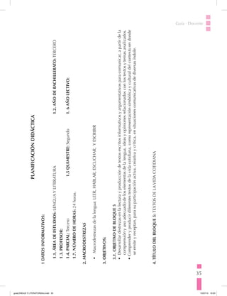 35
Guía · Docente
PLANIFICACIÓNDIDÁCTICA
1DATOSINFORMATIVOS:
1.1.ÁREADEESTUDIOS:LENGUAYLITERATURA			1.2.AÑODEBACHILLERATO:TERCERO
1.3.PROFESOR:
1.4.PARCIAL:Tercero				1.5QUIMESTRE:Segundo		1.6AÑOLECTIVO:
1.7.NÚMERODEHORAS:24horas.
2.MACRODESTREZAS
•	Macrodestrezasdelalengua:LEER,HABLAR,ESCUCHAR,YESCRIBIR
3.OBJETIVOS:
3.1.OBJETIVODEBLOQUE5
•	Desarrollardestrezasenlalecturayproduccióndetextosescritosinformativosyargumentativosparacomunicar,apartirdela
comprensiónyusoadecuadodeloselementosdelalengua,ideasyopinionesrelacionadosconlostextosytemasanalizados.
•Comprenderyproducirdiferentestextosdelavidacotidiana,comorepresentaciónsimbólicayculturaldelcontextoendonde
seemiteyreceptan,parasuparticipaciónactiva,creativaycritica,ensituacionescomunicativasdediversasíndole.
4.TÍTULODELBLOQUE5:TEXTOSDELAVIDACOTIDIANA
guiaLENGUA Y LITERATURA3ro.indd 35 15/07/14 10:03
 