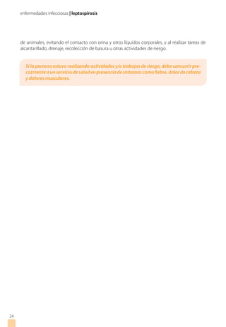 enfermedades infecciosas | leptospirosis
de animales, evitando el contacto con orina y otros líquidos corporales, y al realizar tareas de
alcantarillado, drenaje, recolección de basura u otras actividades de riesgo.
24
Si la persona estuvo realizando actividades y/o trabajos de riesgo, debe concurrir pre-
cozmente a un servicio de salud en presencia de síntomas como fiebre, dolor de cabeza
y dolores musculares.
 