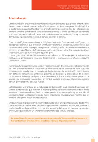 Información para el equipo de salud
GUIA PARA EL EQUIPO DE SALUD
ISSN 1852-1819 / ISSN 1852-219X (en línea)
1. Introducción
La leptospirosis es una zoonosis de amplia distribución geográfica que aparece en forma aisla-
da o en brotes epidémicos estacionales. Constituye un problema emergente de salud pública,
al afectar tanto la salud del hombre y los animales como la economía. Más de 160 especies de
animales silvestres y domésticos constituyen el reservorio y la fuente de infección del hombre,
que es un huésped accidental. Las especies más involucradas son los roedores y los animales
domésticos, especialmente el perro, el ganado bovino y el porcino.
El agente etiológico es una espiroqueta del género Leptospira. Existen especies patógenas y no
patógenas o saprófitas que presentan similitudes y diferencias antigénicas, características que
permiten diferenciarlas. Las cepas patógenas de L. interrogans afectan tanto a animales como al
hombre, y las saprofitas de L. biflexa se encuentran en ambientes húmedos, como suelos, aguas
superficiales, agua de mar e inclusive agua del grifo.
L. interrogans tiene más de 200 serovariedades incluidas en 23 serogrupos. Actualmente se
clasifican en genoespecies: Leptospira borgpetersenii, L. interrogans, L. kirschneri, L. noguchii,
L. santarosai, L. weilii.
Numerosos factores ambientales, sociales y económicos son determinantes en la presentación
de casos y brotes epidémicos. Estos últimos son más frecuentes durante desastres naturales,
principalmente inundaciones o periodos de lluvias intensas. La urbanización descontrolada
con deficiente saneamiento ambiental, presencia de basurales y proliferación de roedores
constituyen el ambiente ideal para la aparición de casos. Si a esto le sumamos presencia de
animales de producción y domésticos sin control sanitario, tendremos el escenario propicio
para un grave problema de Salud Pública.
La leptospirosis se mantiene en la naturaleza por la infección renal crónica de animales por-
tadores asintomáticos, que eliminan el microorganismo por la orina contaminando el medio
ambiente. Los animales de cría, bovinos, ovinos, porcinos, equinos, caprinos y los animales sil-
vestres infectados son los reservorios de mayor importancia en áreas rurales, mientras que los
roedores y los perros lo son en áreas urbanas.
En los animales de producción la enfermedad puede tener un espectro que varía desde infec-
ción asintomática, cuadros leves, problemas reproductivos tales como abortos, reducción en la
producción láctea, baja fertilidad en el ganado y enfermedad grave en mamones y animales
jóvenes, que pueden sufrir un síndrome icterohemorrágico con alta letalidad.
5
La infección en los perros, constituye un riesgo potencial de transmisión al humano si
hay contacto con orina de perros infectados o sangre de perros enfermos.
 