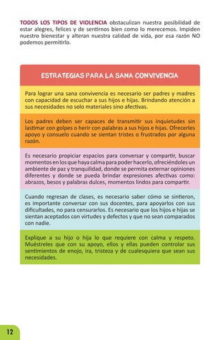 12
TODOS LOS TIPOS DE VIOLENCIA obstaculizan nuestra posibilidad de
estar alegres, felices y de sentirnos bien como lo merecemos. Impiden
nuestro bienestar y alteran nuestra calidad de vida, por esa razón NO
podemos permitirlo.
ESTRATEGIAS PARA LA SANA CONVIVENCIA
Para lograr una sana convivencia es necesario ser padres y madres
con capacidad de escuchar a sus hijos e hijas. Brindando atención a
sus necesidades no solo materiales sino afectivas.
Los padres deben ser capaces de transmitir sus inquietudes sin
lastimar con golpes o herir con palabras a sus hijos e hijas. Ofrecerles
apoyo y consuelo cuando se sientan tristes o frustrados por alguna
razón.
Es necesario propiciar espacios para conversar y compartir, buscar
momentosenlosquehayacalmaparapoderhacerlo,ofreciéndolesun
ambiente de paz y tranquilidad, donde se permita externar opiniones
diferentes y donde se pueda brindar expresiones afectivas como:
abrazos, besos y palabras dulces, momentos lindos para compartir.
Cuando regresan de clases, es necesario saber cómo se sintieron,
es importante conversar con sus docentes, para apoyarlos con sus
dificultades, no para censurarlos. Es necesario que los hijos e hijas se
sientan aceptados con virtudes y defectos y que no sean comparados
con nadie.
Explique a su hijo o hija lo que requiere con calma y respeto.
Muéstreles que con su apoyo, ellos y ellas pueden controlar sus
sentimientos de enojo, ira, tristeza y de cualesquiera que sean sus
necesidades.
 