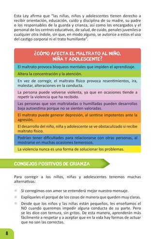 8
Esta Ley afirma que “las niñas, niños y adolescentes tienen derecho a
recibir orientación, educación, cuido y disciplina de su madre, su padre
o los responsables de la guarda y crianza, así como los encargados y el
personal de los centros educativos, de salud, de cuido, penales juveniles o
cualquier otra índole, sin que, en modo alguno, se autorice a estos el uso
del castigo corporal ni el trato humillante”.
El maltrato provoca bloqueos mentales que impiden el aprendizaje.
Altera la concentración y la atención.
En vez de corregir, el maltrato físico provoca resentimientos, ira,
malestar, alteraciones en la conducta.
La persona puede volverse violenta, ya que en ocasiones tiende a
repetir la violencia que ha recibido.
Las personas que son maltratadas o humilladas pueden desarrollas
baja autoestima porque no se sienten valoradas.
El maltrato puede generar depresión, al sentirse impotentes ante la
agresión.
El desarrollo del niño, niña y adolescente se ve obstaculizado si recibe
maltrato físico.
Podrían tener dificultades para relacionarse con otras personas, al
mostrarse en muchas ocasiones temerosos.
La violencia nunca es una forma de solucionar los problemas.
¿CÓMO AFECTA EL MALTRATO AL NIÑO,
NIÑA Y ADOLESCENTE?
CONSEJOS POSITIVOS DE CRIANZA
Para corregir a los niños, niñas y adolescentes tenemos muchas
alternativas:
z Si corregimos con amor se entenderá mejor nuestro mensaje.
z Explíqueles el porqué de los cosas de manera que queden muy claras.
z Desde que los niños y las niñas están pequeños, les enseñamos el
NO cuando queremos impedir alguna conducta de su parte. Pero
se les dice con ternura, sin gritos. De esta manera, aprenderán más
fácilmente a respetar y a aceptar que en la vida hay formas de actuar
que no son las correctas.
 
