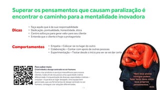Superar os pensamentos que causam paralização é
encontrar o caminho para a mentalidade inovadora
Dicas
• Faça aquilo que é de sua responsabilidade
• Dedicação, pontualidade, honestidade, ética
• Centre esforços para gerar valor para seu cliente
• Entenda que o cliente é hoje o protagonista
Comportamentos • Empatia – Colocar-se no lugar do outro
• Colaboração – Contar com apoio de outras pessoas
• Experimentação – Testar desde o início pra ver se vai dar certo
Parasabermais:
Criatividade e designcentrado no ser humano
Como criar produtos e serviços maravilhosos para nossos
clientes. Cada um de nós possui uma capacidade criativa
diferenciada. A orquestração de diversas capacidades criativas –
a equipe – é que leva ao lugar desejado. Uma equipe bem
gerenciada, que usa ferramentas do design centrado no ser
humano, consegue criar soluções diferenciadas.
11
 