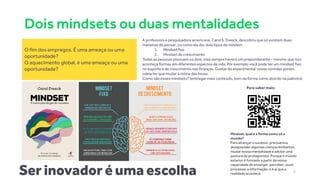 Dois mindsets ou duas mentalidades
O fim dos empregos. É uma ameaça ou uma
oportunidade?
O aquecimento global, é uma ameaça ou uma
oportunidade?
Ser inovador é uma escolha
Para saber mais:
Mindset: qual é a forma como vê o
mundo?
Para alcançar o sucesso, precisamos
desaprender algumas crenças limitantes,
mudar nossa mentalidade e adotar uma
postura de protagonista. Porque o mundo
exterior é formado a partir da nossa
capacidade de enxergar, perceber, ouvir,
processar a informação, e é aí que a
realidade acontece.
A professora e pesquisadora americana, Carol S. Dweck, descobriu que só existem duas
maneiras de pensar, ou como ela diz, dois tipos de mindset:
1. Mindset fixo
2. Mindset de crescimento
Todas as pessoas possuem os dois, mas sempre haverá um preponderante – mesmo que isso
aconteça formas em diferentes aspectos da vida. Por exemplo você pode ter um mindset fixo
no esporte e de crescimento nas finanças. Gostar de experimentar novas comidas porém
odeia ter que mudar a rotina das horas.
Como são esses mindsets? (entregar mais conteúdo, bem da forma como abordo na palestra)
5
 