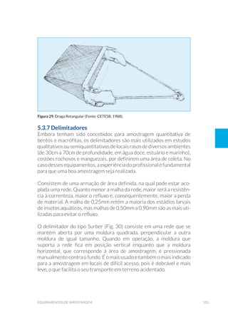 101equipamentos de amostragem
5.3.7 Delimitadores
Embora tenham sido concebidos para amostragem quantitativa de
bentos e macrófitas, os delimitadores são mais utilizados em estudos
qualitativosousemiquantitativosdelocaisrasosdediversosambientes
(de 30cm a 70cm de profundidade, em água doce, estuário e marinho),
costões rochosos e manguezais, por definirem uma área de coleta. No
casodessesequipamentos,aexperiênciadoprofissionaléfundamental
para que uma boa amostragem seja realizada.
Consistem de uma armação de área definida, na qual pode estar aco-
plada uma rede. Quanto menor a malha da rede, maior será a resistên-
cia à correnteza, maior o refluxo e, consequentemente, maior a perda
de material. A malha de 0,25mm retém a maioria dos estádios larvais
de insetos aquáticos, mas malhas de 0,50mm a 0,90mm são as mais uti-
lizadas para evitar o refluxo.
O delimitador do tipo Surber (Fig. 30) consiste em uma rede que se
mantém aberta por uma moldura quadrada, perpendicular a outra
moldura de igual tamanho. Quando em operação, a moldura que
suporta a rede fica em posição vertical enquanto que a moldura
horizontal, que corresponde à área de amostragem, é pressionada
manualmente contra o fundo. É o mais usado e também o mais indicado
para a amostragem em locais de difícil acesso, pois é dobrável e mais
leve, o que facilita o seu transporte em terreno acidentado.
Figura 29. Draga Retangular (Fonte: CETESB, 1988).
 