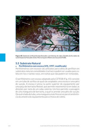 110 Guia Nacional De Coleta E Preservação De Amostras
5.5 Substrato Natural
•	 Perifitômetro com escova (VIS, 1997, modificado)
Perifitômetros com escovas são utilizados para coleta de perifíton em
substratos naturais consolidados (rochas) e podem ser usados para co-
leta em rios e riachos rasos, em rochas que não podem ser removidas.
O perifitômetro com escova adaptado pela CETESB (Fig. 41) consiste
em um tubo de acrílico ao qual são acoplados uma escova e uma pêra
de sucção. A escova é presa na parte superior do equipamento por
uma peça de borracha flexível, que permite movimentá-la em todas as
direções por meio de um cabo, externo. Um furo permite a passagem
de uma mangueira de borracha, à qual se prende uma pêra de sucção.
Do outro lado do tubo, uma mangueira mais fina serve para transferên-
cia da amostra do equipamento para o frasco de coleta.
Figura 40. Substrato artificial do tipo flutuador, com lâminas de vidro: Detalhe do fio náilon de
sustentação do flutuador (Foto: Rita Cerqueira Ribeiro de Souza/CETESB).
 