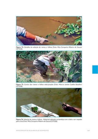 165amostragem de água bruta de sedimentos
Figura 74. Detalhe da seleção de ramos e folhas (Foto: Rita Cerqueira Ribeiro de Souza/
CETESB).
Figura 75. Cortes dos ramos e folhas selecionadas (Foto: Márcia Janete Coelho Botelho/
CETESB).
Figura 76. Seleção de ramos e folhas - Material coletado na bandeja com o lado a ser raspado
para cima (Foto: Rita Cerqueira Ribeiro de Souza/CETESB).
 