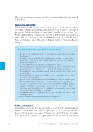 178 Guia Nacional De Coleta E Preservação De Amostras
Osarrastosmaisempregadosnacoletadezooplânctonsãoohorizontal
e o vertical.
(a) Arrasto horizontal
Dá-se preferência à amostragem por arrastos horizontais em deter-
minados estratos, em lugares rasos, próximos às margens, ou onde é
grande a influência de fatores físicos, como o vento e correntezas. Este
tipo de coleta tem a finalidade de estimar a distribuição e abundância
do zooplâncton dentro de uma camada de água em particular. Deve-se
fixar um flutuador junto à boca da rede para mantê-la na profundidade
desejada.
Procedimentos de coleta por meio de arrasto horizontal:
•	 Lançar a rede na água, tomando-se o cuidado de anotar a leitura inicial do
fluxômetro;
•	 Estando a rede na profundidade desejada, iniciar lentamente o seu desloca-
mento de forma que a rede fique longe da zona de turbulência causada pelo
motor da embarcação;
•	 A velocidade do arrasto não deve ser superior a 0,5m/s;
•	 Depois de decorrido o tempo determinado de arrasto, puxar lentamente o
cabo no qual a rede está amarrada e retirar a rede da água lentamente;
•	 Imediatamente após a saída da boca da rede da água, anotar a leitura final
do fluxômetro;
•	 Remover o copo da rede com o zooplâncton concentrado, vertendo a amos-
tra para o frasco de coleta;
•	 Limpar o copo da rede, vertendo seu conteúdo para o frasco coletor, quan-
tas vezes forem necessárias para a completa remoção dos organismos;
•	 Adicionar formol neutralizado até uma concentração final de 10% (propor-
ção de 1 parte de formol para 9 partes de amostra) e completar o frasco co-
letor com água filtrada (no caso de zooplâncton de água doce) ou com água
do local (no caso de zooplâncton marinho);
•	 Sempre que possível, adicionar de 5mL a 10mL de solução do corante rosa
de bengala 0,1%;
•	 Fechar bem o frasco coletor e mantê-lo ao abrigo da luz.
(b) Arrasto vertical
A coleta por meio de arrasto vertical é, em geral, mais apropriada do
que o arrasto horizontal pois o zooplâncton pode apresentar-se ver-
ticalmente descontínuo, com tendência a se concentrar nas camadas
mais profundas durante o dia, por exemplo. Entretanto, esse tipo de
 