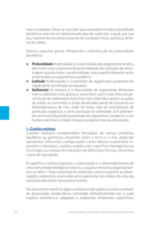 190 Guia Nacional De Coleta E Preservação De Amostras
mais complexos. Deve-se assinalar que uma determinada comunidade
bentônica vive em um determinado tipo de substrato, o qual, por sua
vez, representa um certo conjunto de condições físico-químicas do lo-
cal de coleta.
Outros aspectos gerais influenciam a distribuição da comunidade
bentônica:
•	 Profundidade: A densidade e a diversidade dos organismos tende a
decrescer com o aumento da profundidade das estações de amos-
tragem; quanto maior a profundidade, mais superficialmente serão
encontrados os organismos cavadores;
•	 Latitude: A densidade e a variedade de organismos aumentam da
região polar em direção ao equador;
•	 Sedimento: O número e a diversidade de organismos diminuem
com o substrato mais grosso e aumentam com o mais fino; em ge-
ral, locais de sedimentos mais finos não estão tão sujeitos às ações
de ondas ou correntes e estão localizados perto de estuários ou
desembocadura de rios, onde há maior taxa de precipitação de
partículas orgânicas e certa oscilação na salinidade. Em sedimen-
tos arenosos há grande quantidade de organismos cavadores, e em
fundos mais finos e moles a fauna cavadora é menos abundante.
i - Costão rochoso
Costões rochosos compreendem formações de rochas cristalinas
basálticas ou graníticas, presentes entre a terra e o mar, podendo
apresentar diferentes configurações como falésias (substratos ín-
gremes e elevados), costões amplos com superfície homogênea ou
recortada, ou campos de matacões de diferentes formas, tamanhos
e grau de agregação.
A superfície rochosa favorece a colonização e o desenvolvimento de
uma comunidade biológica muito rica, a qual se encontra adaptada tan-
to a se aderir / fixar nesse tipo de substrato, como a suportar as adver-
sidades ambientais ocorrentes principalmente nos limites da zona da
oscilação das marés (zona entre-marés).
Na zona entre-marés as algas e animais estão sujeitos a níveis variáveis
de dessecação, temperatura, salinidade, hidrodinamismo etc, e cada
espécie encontra-se adaptada a exigências ambientais específicas.
 