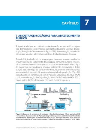 209amostragem de águaS para abastecimento público
7 AMOSTRAGEM DE ÁGUAS PARA ABASTECIMENTO
PÚBLICO
Aáguatratada devesercoletadaemlocaisqueforamsubmetidosaalgum
tipo de tratamento (convencional ou simplificado), como sistemas de pro-
dução(EstaçãodeTratamentodeÁgua-ETA),dereservação,redededis-
tribuição e soluções alternativas coletivas de abastecimento de água.
Para definição dos locais de amostragem e ensaios a serem analisados
em um sistema de tratamento de água para consumo humano é neces-
sário o conhecimento das etapas da produção desde a retirada da água
do manancial, passando pela adução, tratamento, reservação e distri-
buição, até a entrega ao consumidor final, levando-se em conta ainda
as características específicas de cada unidade de produção (Fig. 84),
trabalhando em consonância com o Plano de Segurança da Água (PSA),
conforme orientação da Organização Mundial da Saúde (WHO, 2011)
e com as legislações de água de consumo humano vigentes.
capítulo 7
Figura 84. Esquema de um sistema de produção e distribuição de água. – Fluxo operacional: (1)
Manancial de abastecimento; (2) Aplicação de produtos químicos; (3) Sistema de Floculação;
(4) Sistema de decantação; (5) Sistema de filtração; (6) Aplicação de cloro, flúor e cal; (7)
Reservatório da ETA; (8) Reservatório elevado; (9) Rede de distribuição (Fonte: CETESB, 2009).
 
