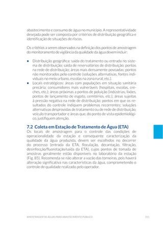 211amostragem de águaS para abastecimento público
abastecimento e consumo de água no município. A representatividade
desejada pode ser composta por critérios de distribuição geográfica e
identificação de situações de riscos.
Os critérios a serem observados na definição dos pontos de amostragem
do monitoramento de vigilância da qualidade da água devem incluir:
•	 Distribuição geográfica: saída do tratamento ou entrada no siste-
ma de distribuição; saída de reservatórios de distribuição; pontos
na rede de distribuição; áreas mais densamente povoadas; pontos
não monitorados pelo controle (soluções alternativas, fontes indi-
viduais no meio urbano, escolas na zona rural, etc.).
•	 Locais estratégicos: áreas com populações em situação sanitária
precária; consumidores mais vulneráveis (hospitais, escolas, cre-
ches, etc.); áreas próximas a pontos de poluição (indústrias, lixões,
pontos de lançamento de esgoto, cemitérios, etc.); áreas sujeitas
à pressão negativa na rede de distribuição; pontos em que os re-
sultados do controle indiquem problemas recorrentes; soluções
alternativas desprovidas de tratamento ou de rede de distribuição;
veículo transportador e áreas que, do ponto de vista epidemiológi-
co, justifiquem atenção.
7.2 Coleta em Estação de Tratamento de Água (ETA)
Os locais de amostragem para o controle das condições de
operacionalidade da estação e consequente caracterização da
qualidade da água produzida, devem ser escolhidos no decorrer
do processo (entrada da ETA, floculação, decantação, filtração,
desinfecção/fluoretação/saída da ETA), cujos pontos de tomada de
amostras geralmente estão disponíveis no laboratório da estação
(Fig. 85). Recomenda-se não alterar a vazão das torneiras, pois haverá
alteração significativa nas características da água, comprometendo o
controle de qualidade realizado pelo operador.
 
