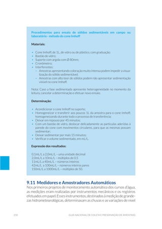 250 Guia Nacional De Coleta E Preservação De Amostras
Procedimentos para ensaio de sólidos sedimentáveis em campo ou
laboratório - método do cone Imhoff
Materiais:
•	 Cone Imhoff, de 1L, de vidro ou de plástico, com graduação;
•	 Bastão de vidro;
•	 Suporte com argola com Ø 80mm;
•	Cronômetro;
•	 Interferentes:
–	 Amostras apresentando coloração muito intensa podem impedir a visua-
lização do sólido sedimentável;
–	 Amostras com alto teor de sólidos podem não apresentar sedimentação
visível no cone Imhoff.
Nota: Caso a fase sedimentada apresente heterogeneidade no momento da
leitura, cancelar a determinação e efetuar novo ensaio.
Determinação:
•	 Acondicionar o cone Imhoff no suporte;
•	 Homogeneizar e transferir aos poucos 1L da amostra para o cone Imhoff,
homogeneizando durante todo o processo de transferência;
•	 Deixar em repouso por 45 minutos;
•	 Com um bastão de vidro, deslocar delicadamente as partículas aderidas à
parede do cone com movimentos circulares, para que as mesmas possam
sedimentar;
•	 Deixar sedimentar por mais 15 minutos;
•	 Verificar o volume sedimentado, em mL/L.
Expressão dos resultados:
0,1mL/L a 2,0mL/L – uma unidade decimal
2,0mL/L a 10mL/L – múltiplos de 0,5
11mL/L a 40mL/L – números inteiros
42mL/L a 100mL/L – números inteiros pares
150mL/L a 1000mL/L – múltiplos de 50.
9.11 Medidores e Amostradores Automáticos
Nos primeiros projetos de monitoramento automático dos cursos d’água,
as medições eram realizadas por instrumentos mecânicos e os registros
efetuadosempapel.Essesinstrumentos,destinadosàmediçãodegrande-
zas hidrometeorológicas, determinavam as chuvas e as variações de nível
 
